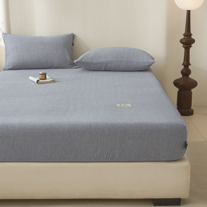 91家纺网 家纺一手货源 找家纺 鑫钰 2025新款纯色系列全棉双层皱皱纱床单-床笠 天空蓝-床笠