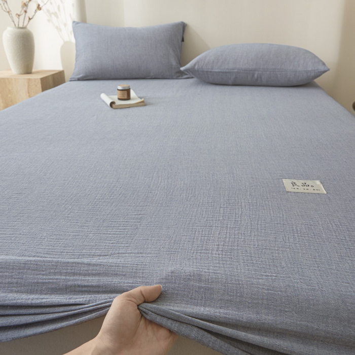 91家纺网 家纺一手货源 找家纺 鑫钰 2025新款纯色系列全棉双层皱皱纱床单-床笠 天空蓝-床笠
