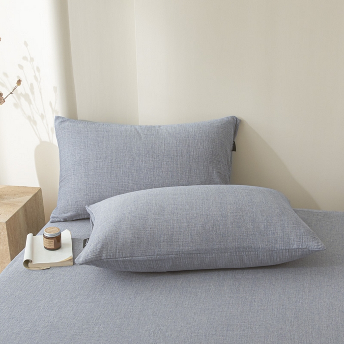 91家纺网 家纺一手货源 找家纺 鑫钰 2025新款纯色系列全棉双层皱皱纱床单-床笠 天空蓝-床笠