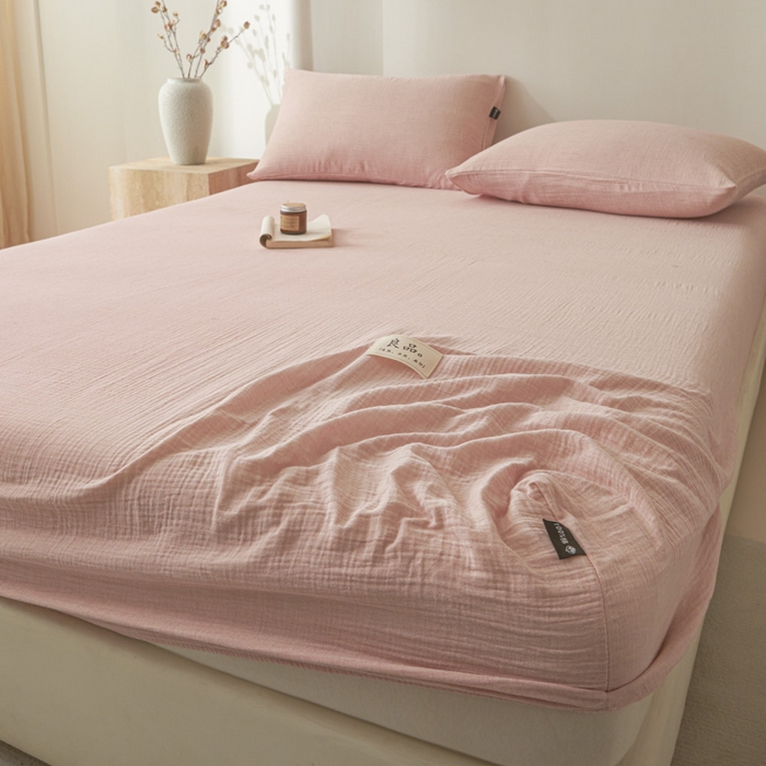 鑫钰 2025新款纯色系列全棉双层皱皱纱床单-床笠 仙女粉-床笠