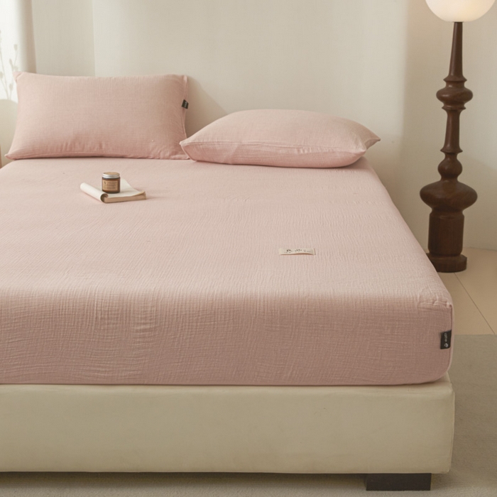 91家纺网 家纺一手货源 找家纺 鑫钰 2025新款纯色系列全棉双层皱皱纱床单-床笠 仙女粉-床笠