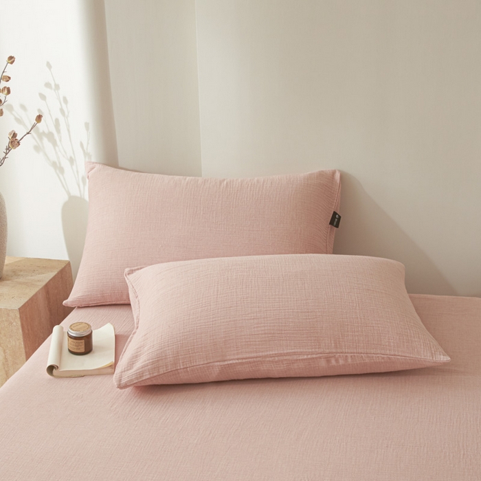 91家纺网 家纺一手货源 找家纺 鑫钰 2025新款纯色系列全棉双层皱皱纱床单-床笠 仙女粉-床笠