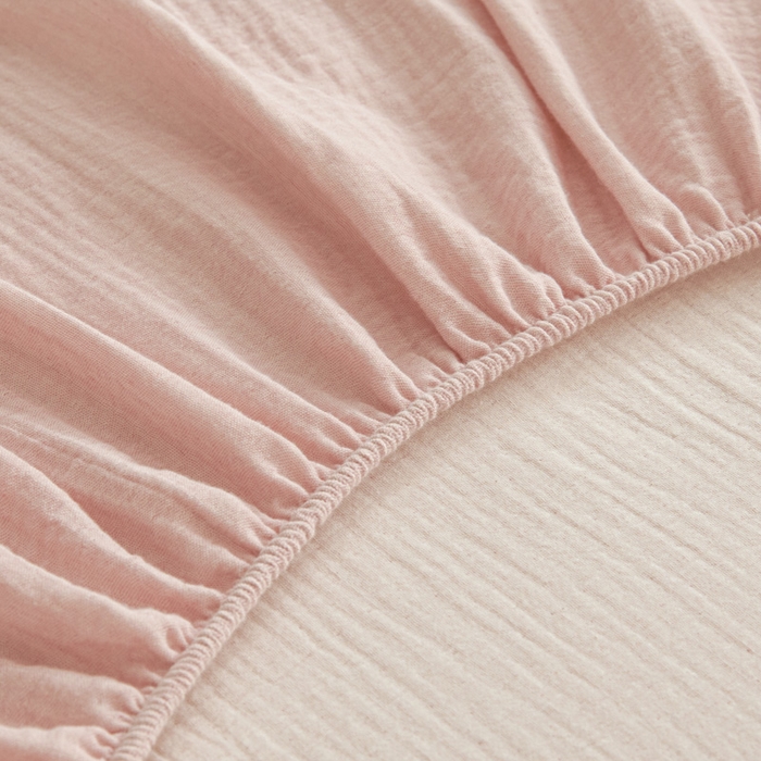 91家纺网 家纺一手货源 找家纺 鑫钰 2025新款纯色系列全棉双层皱皱纱床单-床笠 仙女粉-床笠