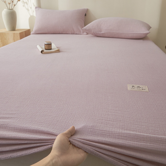 91家纺网 家纺一手货源 找家纺 鑫钰 2025新款纯色系列全棉双层皱皱纱床单-床笠 香妃紫-床笠