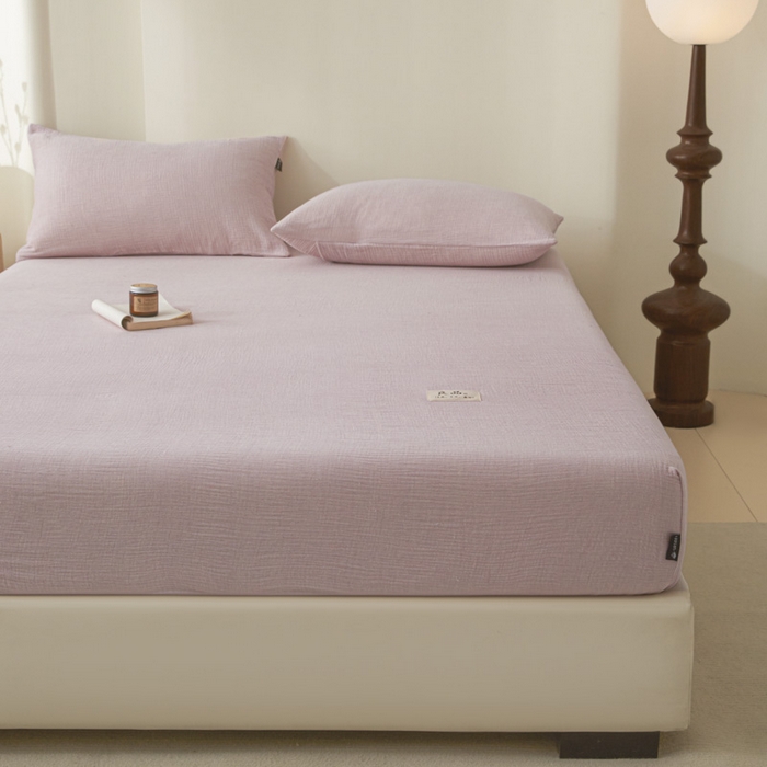 91家纺网 家纺一手货源 找家纺 鑫钰 2025新款纯色系列全棉双层皱皱纱床单-床笠 香妃紫-床笠