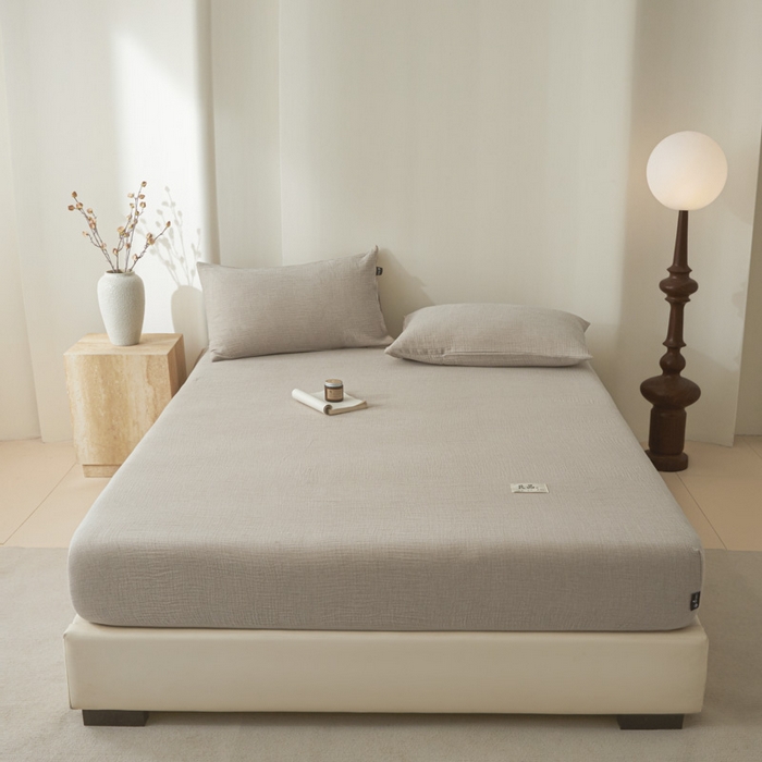 91家纺网 家纺一手货源 找家纺 鑫钰 2025新款纯色系列全棉双层皱皱纱床单-床笠 卡其色-床笠