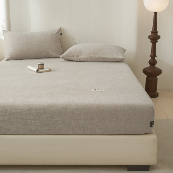 91家纺网 家纺一手货源 找家纺 鑫钰 2025新款纯色系列全棉双层皱皱纱床单-床笠 卡其色-床笠