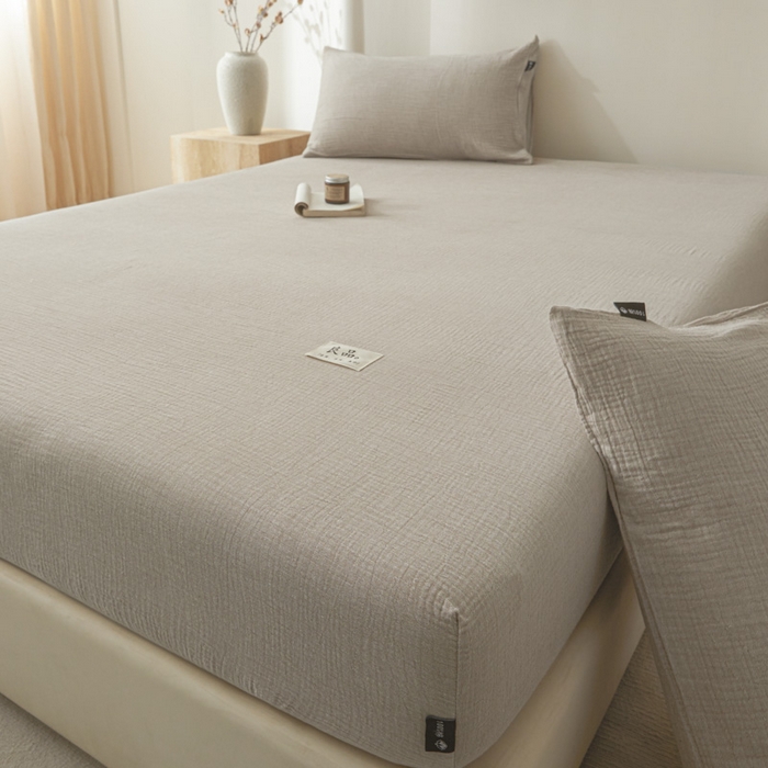 91家纺网 家纺一手货源 找家纺 鑫钰 2025新款纯色系列全棉双层皱皱纱床单-床笠 卡其色-床笠