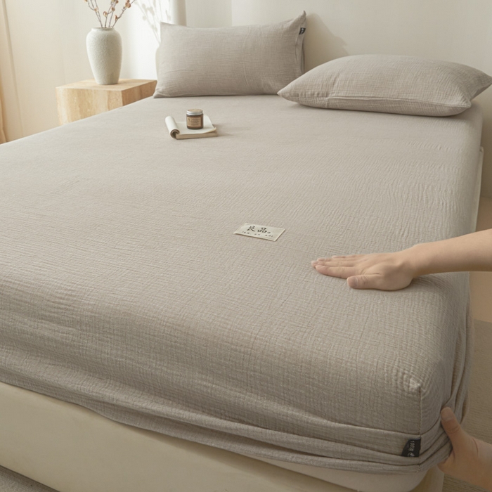 91家纺网 家纺一手货源 找家纺 鑫钰 2025新款纯色系列全棉双层皱皱纱床单-床笠 卡其色-床笠
