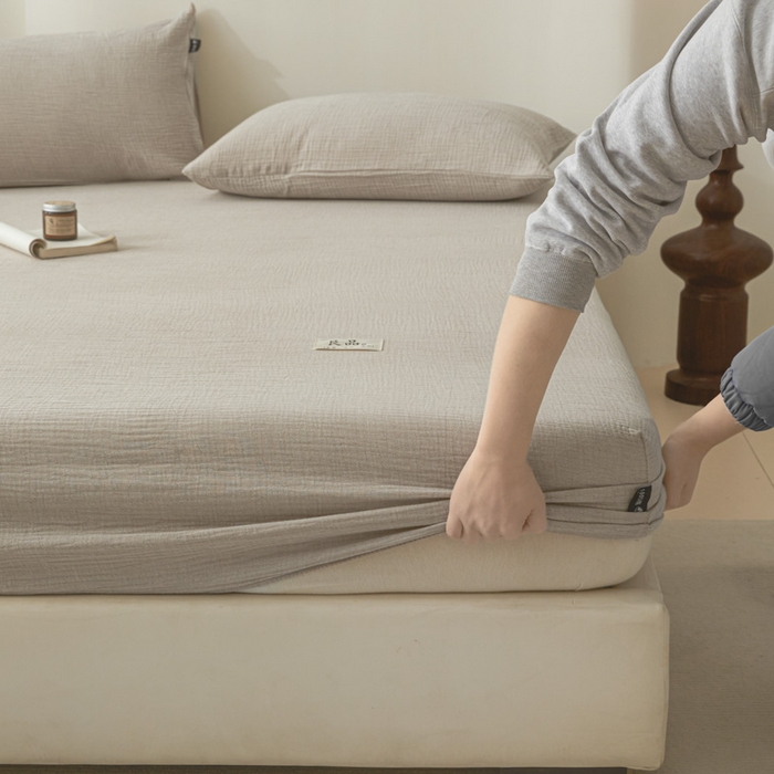 91家纺网 家纺一手货源 找家纺 鑫钰 2025新款纯色系列全棉双层皱皱纱床单-床笠 卡其色-床笠