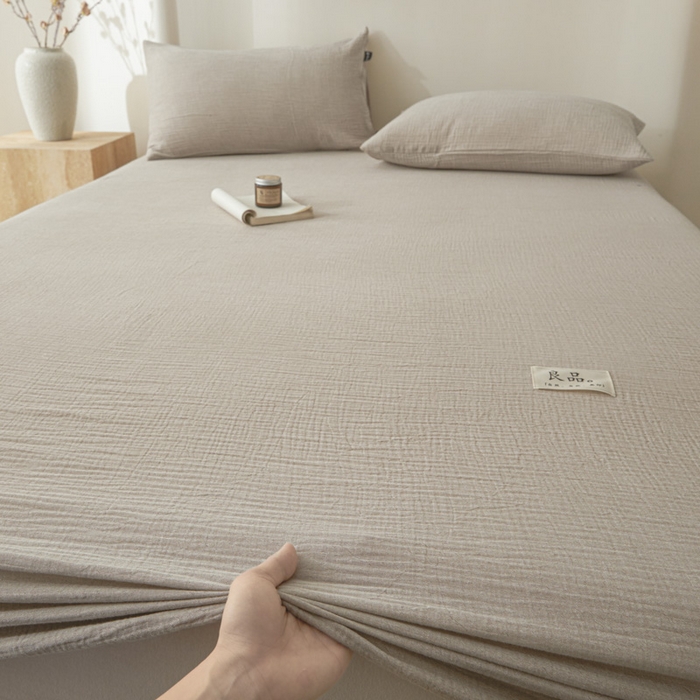 91家纺网 家纺一手货源 找家纺 鑫钰 2025新款纯色系列全棉双层皱皱纱床单-床笠 卡其色-床笠