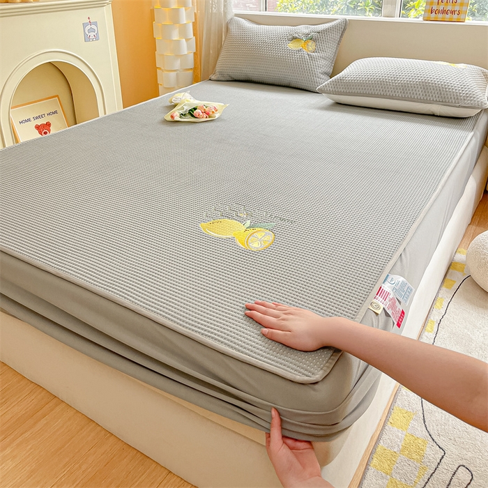 鑫钰 2025新款超速凉感冰丝绣花凉席-床笠款 冰柠檬-华夫格灰（床笠款）