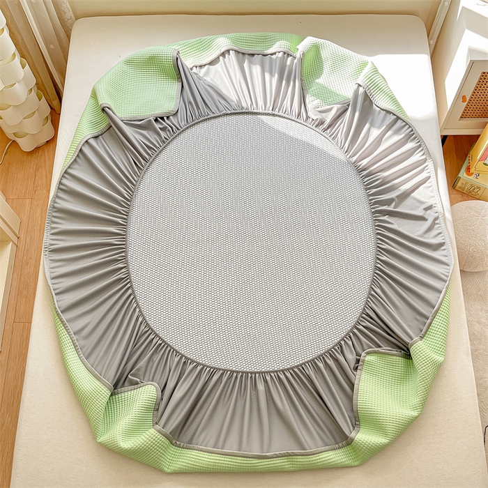 91家纺网 家纺一手货源 找家纺 鑫钰 2025新款超速凉感冰丝绣花凉席-床笠款 冰柠檬-华夫格绿（床笠款）