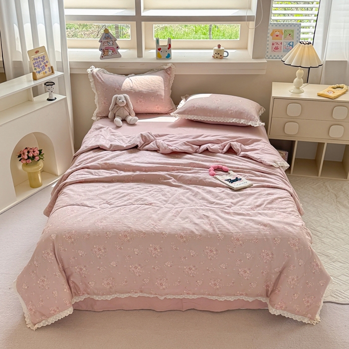 91家纺网 家纺一手货源 找家纺 芯贝儿 2025新款全m花边木m邹邹双层纱水洗m夏被四件套 素颜