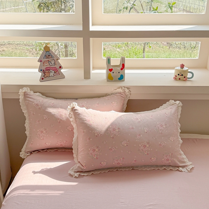 91家纺网 家纺一手货源 找家纺 芯贝儿 2025新款全m花边木m邹邹双层纱水洗m夏被四件套 素颜