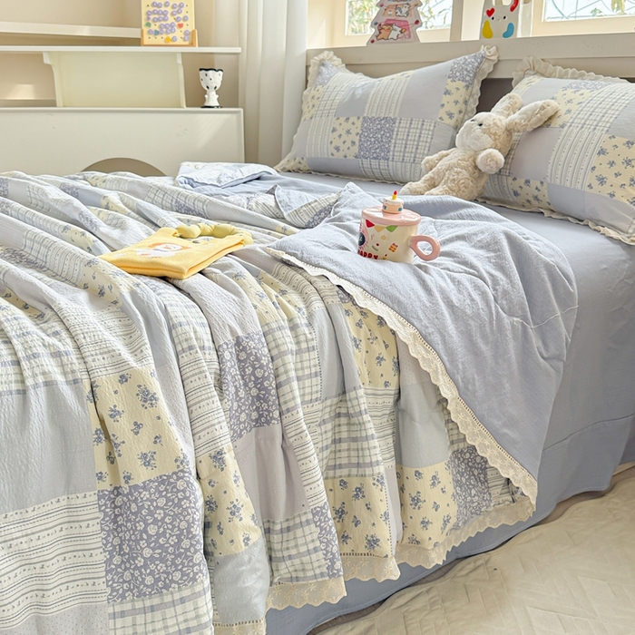91家纺网 家纺一手货源 找家纺 芯贝儿 2025新款全m花边木m邹邹双层纱水洗m夏被四件套 百福蓝
