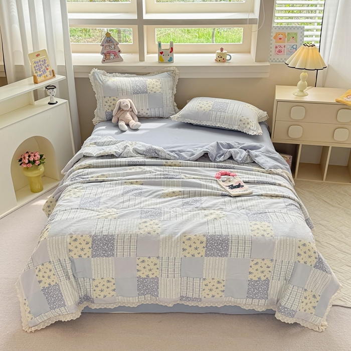 91家纺网 家纺一手货源 找家纺 芯贝儿 2025新款全m花边木m邹邹双层纱水洗m夏被四件套 百福蓝