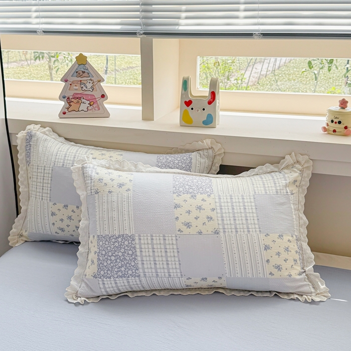 91家纺网 家纺一手货源 找家纺 芯贝儿 2025新款全m花边木m邹邹双层纱水洗m夏被四件套 百福蓝