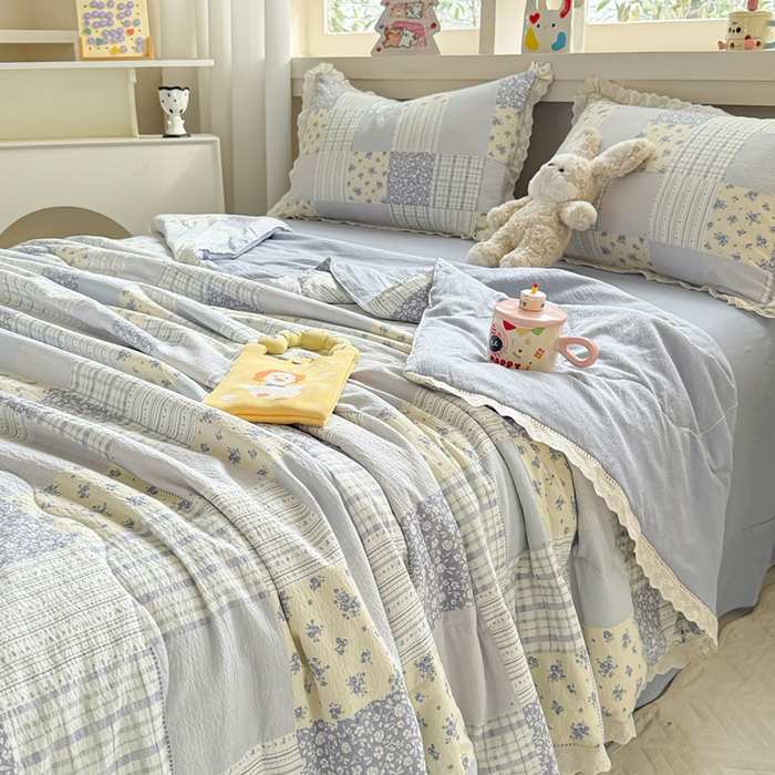 91家纺网 家纺一手货源 找家纺 芯贝儿 2025新款全m花边木m邹邹双层纱水洗m夏被四件套 百福蓝