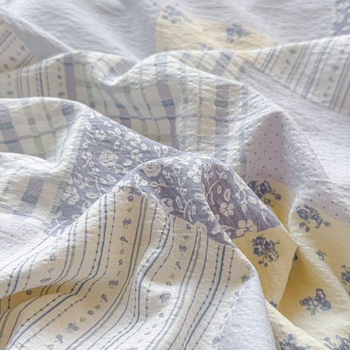 91家纺网 家纺一手货源 找家纺 芯贝儿 2025新款全m花边木m邹邹双层纱水洗m夏被四件套 百福蓝