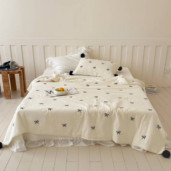 （总）圆岛家纺 2025新款全棉皱皱纱蝴蝶结刺绣夏被被子被芯