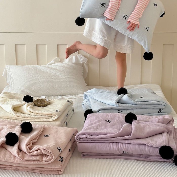 91家纺网 家纺一手货源 找家纺 圆岛家纺 2025新款全棉皱皱纱蝴蝶结刺绣夏被被子被芯 组合