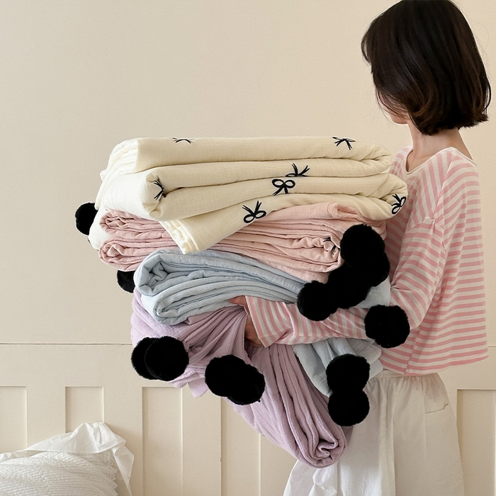 91家纺网 家纺一手货源 找家纺 圆岛家纺 2025新款全棉皱皱纱蝴蝶结刺绣夏被被子被芯 组合