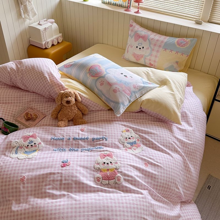 91家纺网 家纺一手货源 找家纺 美乐迪家纺 2025新款全棉毛巾绣四件套格子系列 马尔济斯