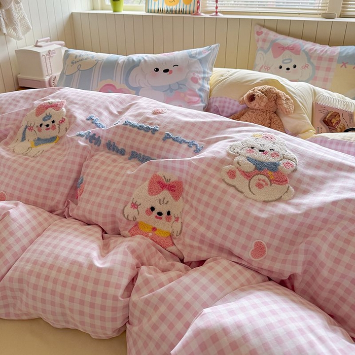 91家纺网 家纺一手货源 找家纺 美乐迪家纺 2025新款全棉毛巾绣四件套格子系列 马尔济斯