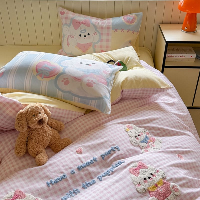 91家纺网 家纺一手货源 找家纺 美乐迪家纺 2025新款全棉毛巾绣四件套格子系列 马尔济斯