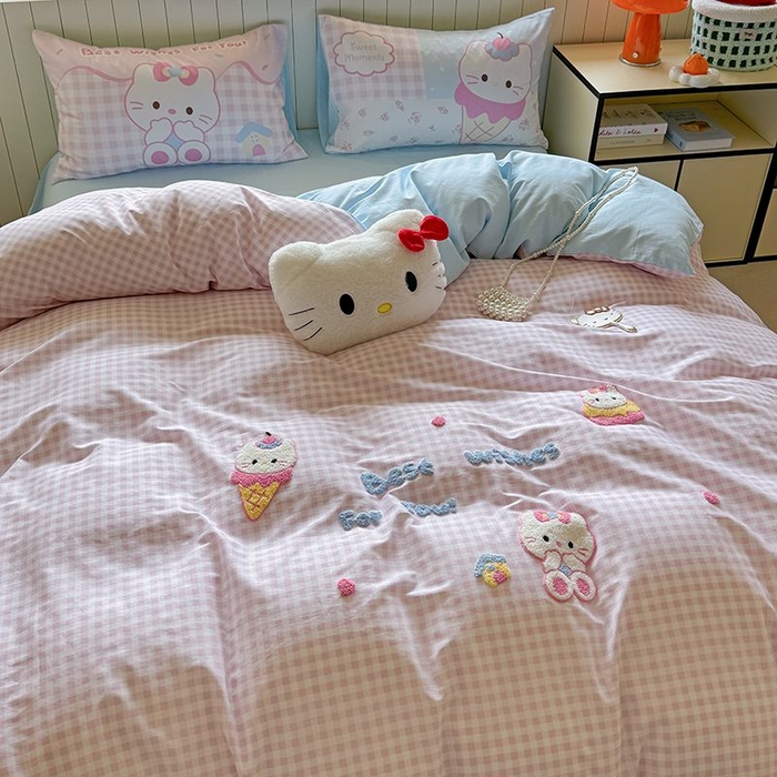 91家纺网 家纺一手货源 找家纺 美乐迪家纺 2025新款全棉毛巾绣四件套格子系列 甜筒喵星