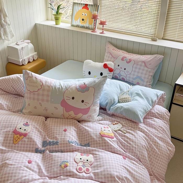 91家纺网 家纺一手货源 找家纺 美乐迪家纺 2025新款全棉毛巾绣四件套格子系列 甜筒喵星