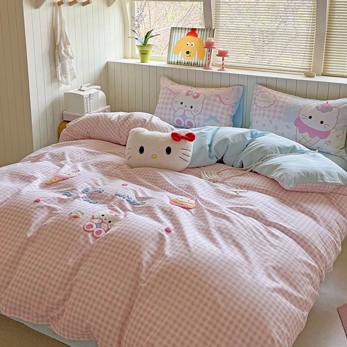 91家纺网 家纺一手货源 找家纺 美乐迪家纺 2025新款全棉毛巾绣四件套格子系列 甜筒喵星