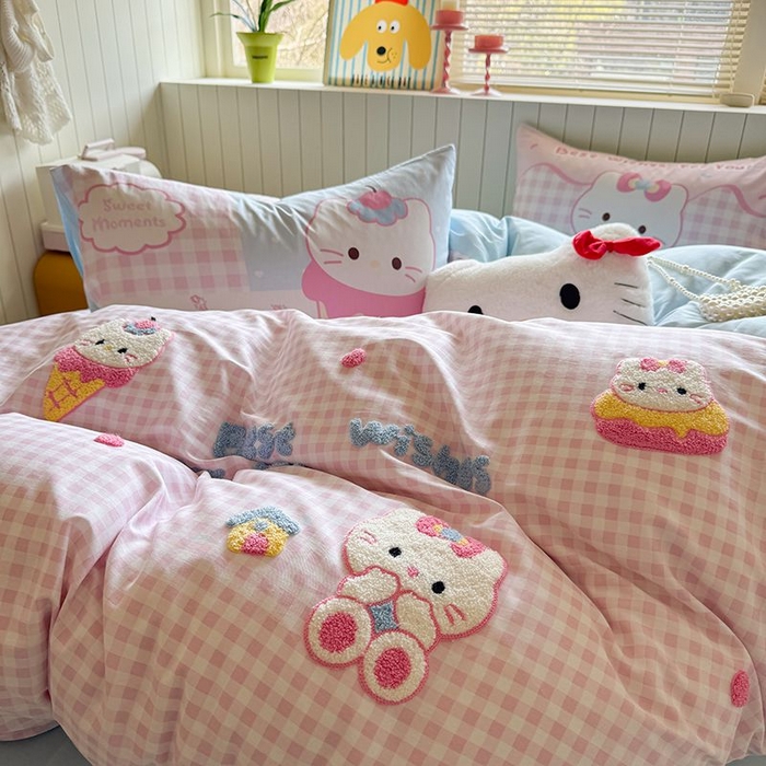 91家纺网 家纺一手货源 找家纺 美乐迪家纺 2025新款全棉毛巾绣四件套格子系列 甜筒喵星