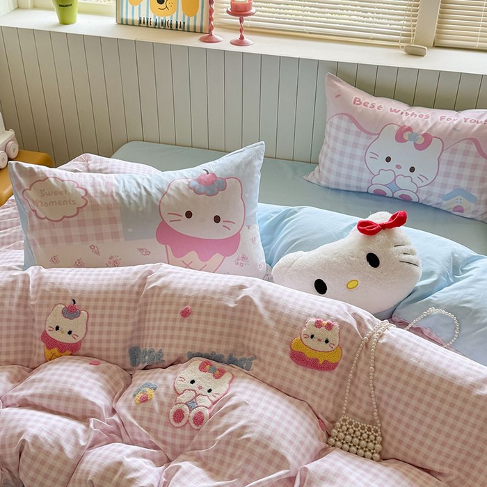 91家纺网 家纺一手货源 找家纺 美乐迪家纺 2025新款全棉毛巾绣四件套格子系列 甜筒喵星