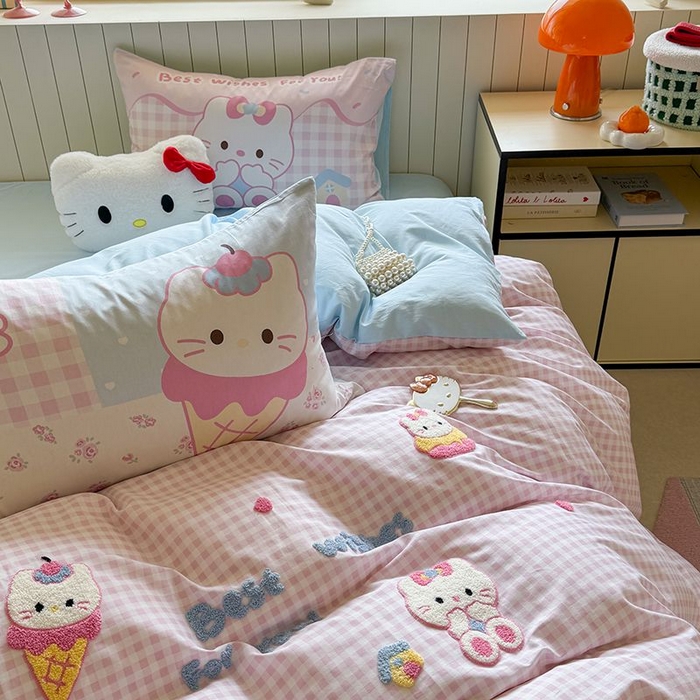 91家纺网 家纺一手货源 找家纺 美乐迪家纺 2025新款全棉毛巾绣四件套格子系列 甜筒喵星