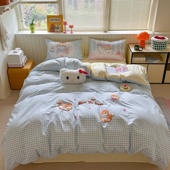 美乐迪家纺 2025新款全棉毛巾绣四件套格子系列 猫咪日记