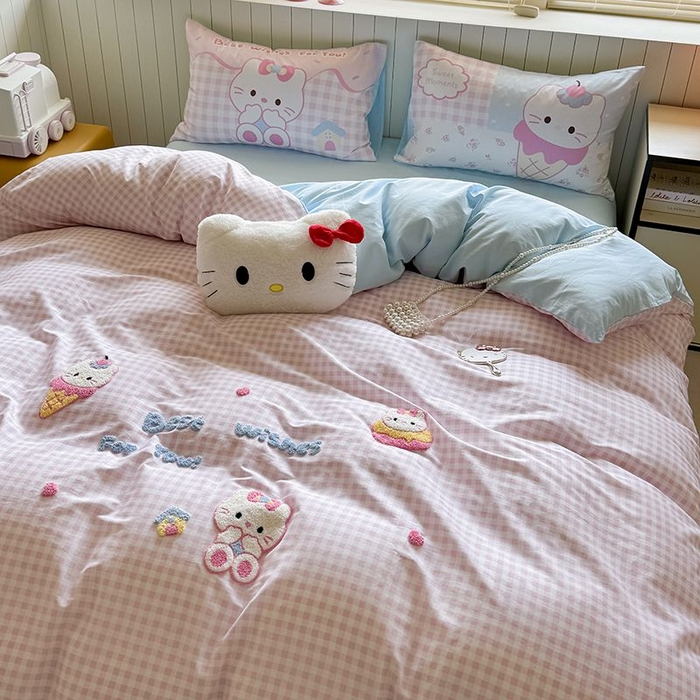 91家纺网 家纺一手货源 找家纺 美乐迪家纺 2025新款全棉毛巾绣四件套格子系列 甜筒喵星