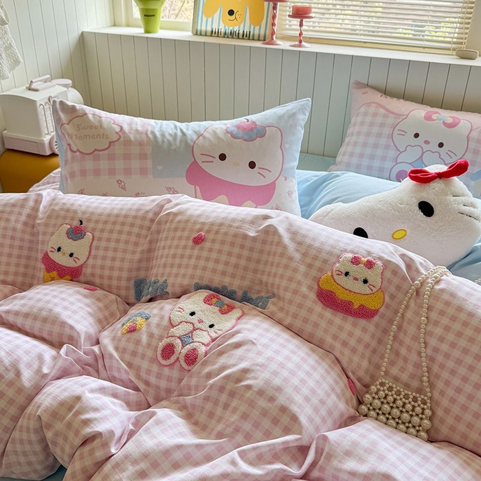 91家纺网 家纺一手货源 找家纺 美乐迪家纺 2025新款全棉毛巾绣四件套格子系列 甜筒喵星