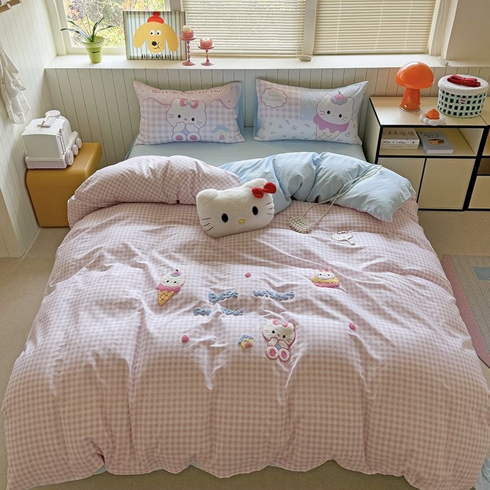 美乐迪家纺 2025新款全棉毛巾绣四件套格子系列 甜筒喵星