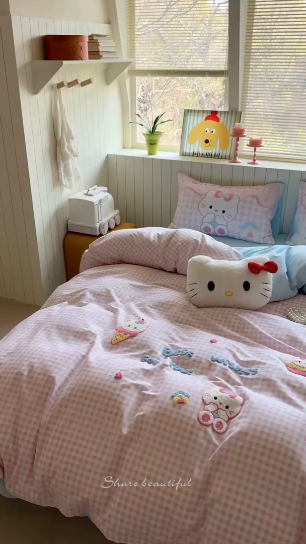 91家纺网 家纺一手货源 找家纺 美乐迪家纺 2025新款全棉毛巾绣四件套格子系列 甜筒喵星