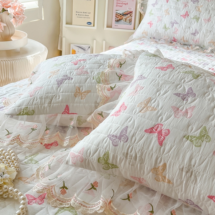 91家纺网 家纺一手货源 找家纺 麒豆豆 2025新款水洗棉印花床笠三件套 蝶之舞