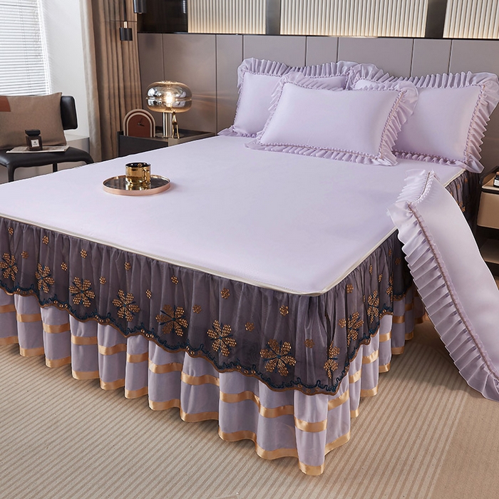 91家纺网 家纺一手货源 找家纺 情恒家纺 2025新款纯色可拆卸PE海洋丝床裙席三件套 优雅紫