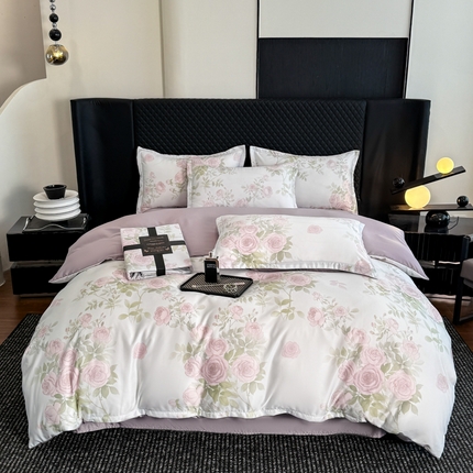 91家纺网 家纺一手货源 找家纺 晚爱家居  2025轻奢水洗天丝印花水洗真丝四件套（硬包丝带款） 国色天香