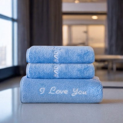 彩虹毛巾2025新款I Love you珊瑚绒毛巾浴巾套装网红情侣浴室加厚毛巾浴巾两件套 1条浴巾+2条毛巾-蓝色