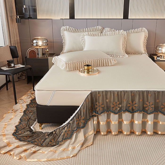 91家纺网 家纺一手货源 找家纺 情恒家纺 2025新款纯色可拆卸PE海洋丝床裙席三件套 奶咖