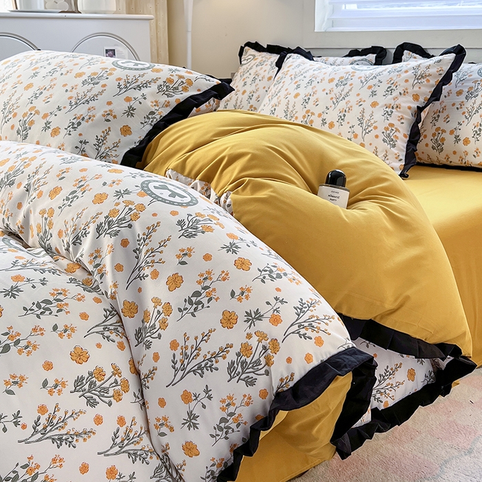 91家纺网 家纺一手货源 找家纺 曼璐家纺 2025新款有氧水洗棉赫本风法式黑色花边四件套 假日-橘