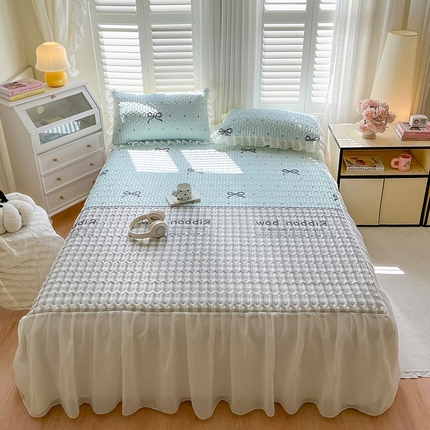 慕澄2025新款小清新印花凉感丝花床裙款乳胶凉席 蓝色浪漫