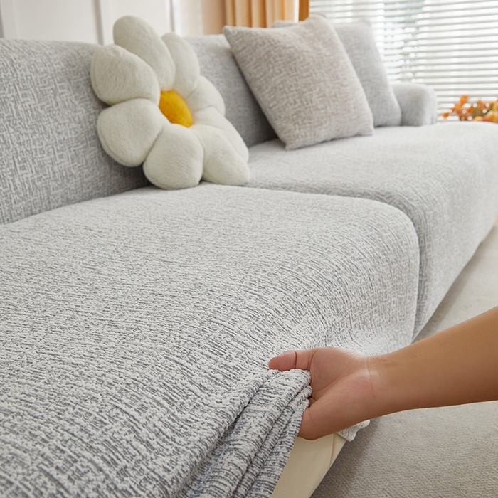 91家纺网 家纺一手货源 找家纺 丝绮鹿 2025新款竹节雪尼尔沙发套松紧款（大三人图）  月光浅灰