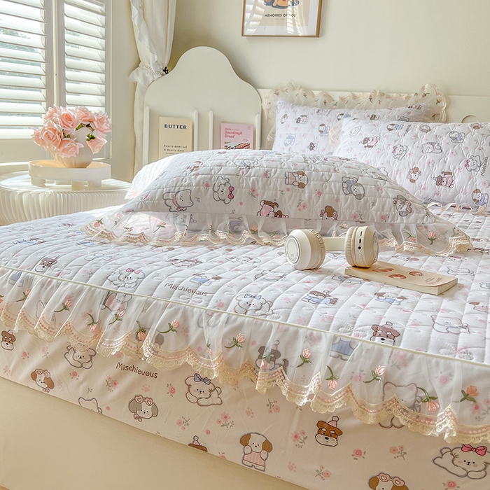 91家纺网 家纺一手货源 找家纺 麒豆豆 2025新款水洗棉印花床笠三件套 汪汪乐园